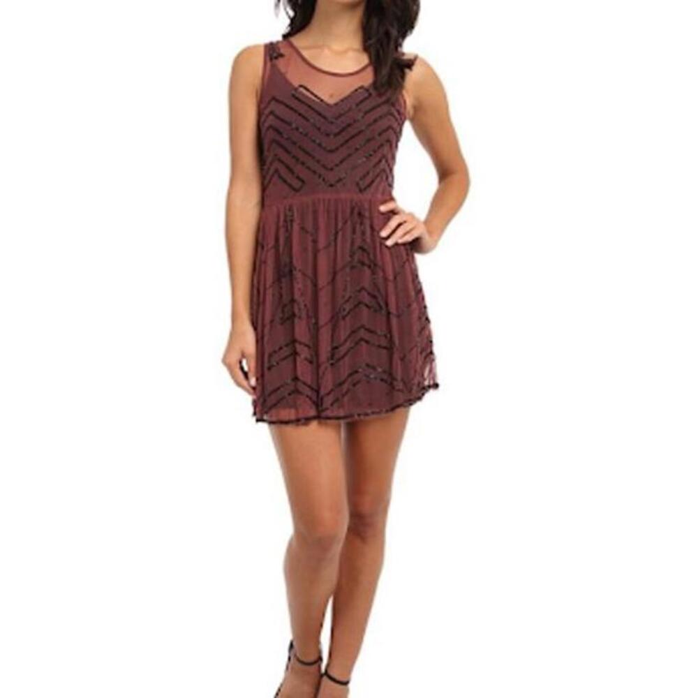Free People Beaded Sheer Mesh Mini Slip Dress Maroon Embellished Party‎ Dress L